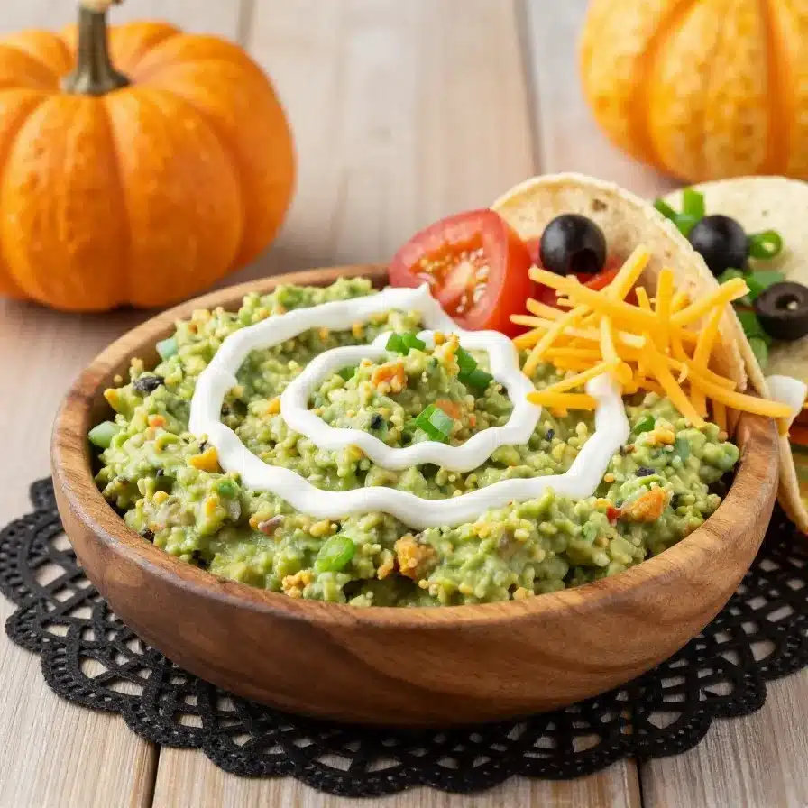 A festive spider web taco dip served in a round dish, topped with sour cream web design and garnished with fresh vegetables.