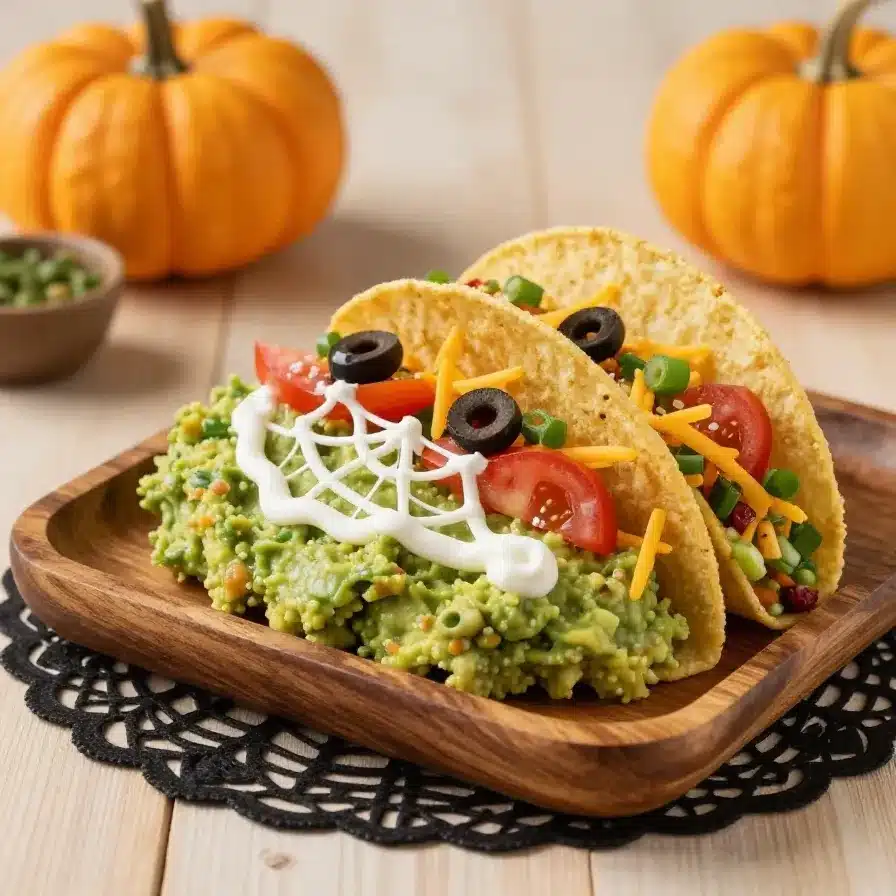 Spider Web Taco Dip 2 A festive spider web taco dip served in a round dish, topped with sour cream web design and garnished with fresh vegetables.
