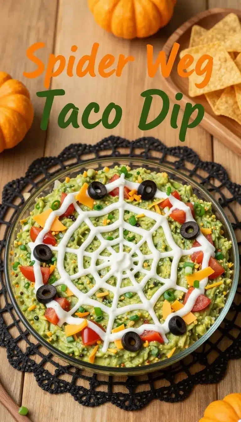 Spider Web Taco Dip 5 A festive spider web taco dip served in a round dish, topped with sour cream web design and garnished with fresh vegetables.