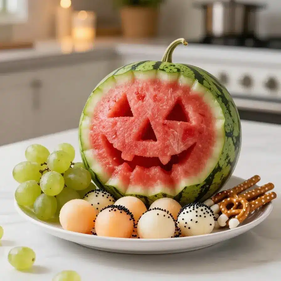A table filled with spooky Halloween-themed snacks for adults, including ghost-shaped cookies and pumpkin deviled eggs.