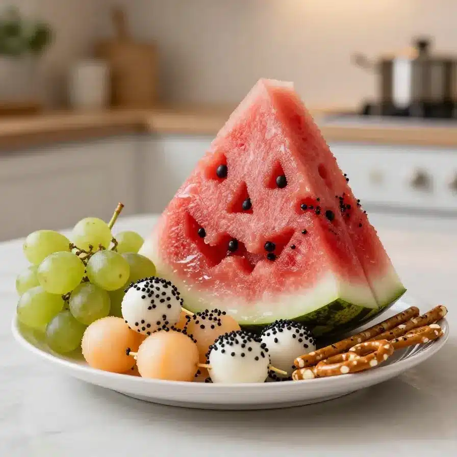 28 Spooky & Easy Halloween Snacks for Adults 4 A table filled with spooky Halloween-themed snacks for adults, including ghost-shaped cookies and pumpkin deviled eggs.