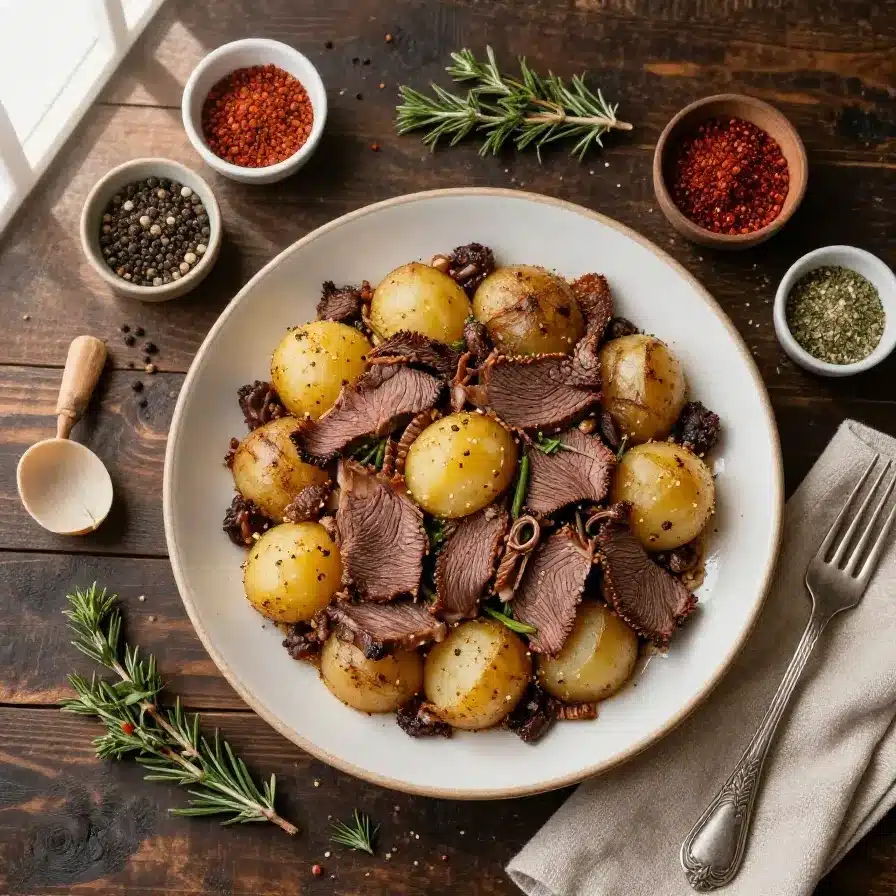 A freshly baked corned beef and potato casserole served in a white dish.