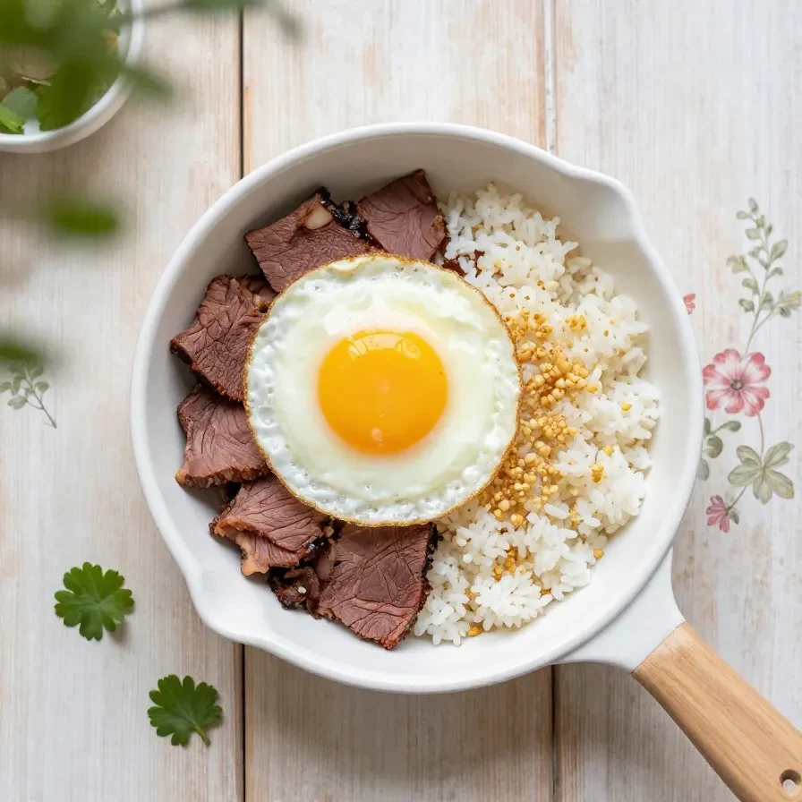 A plate of Corned Beef Silog served with fried rice and a sunny-side-up egg