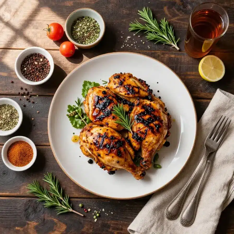 Grilled chicken glazed with sweet tea marinade served on a plate.