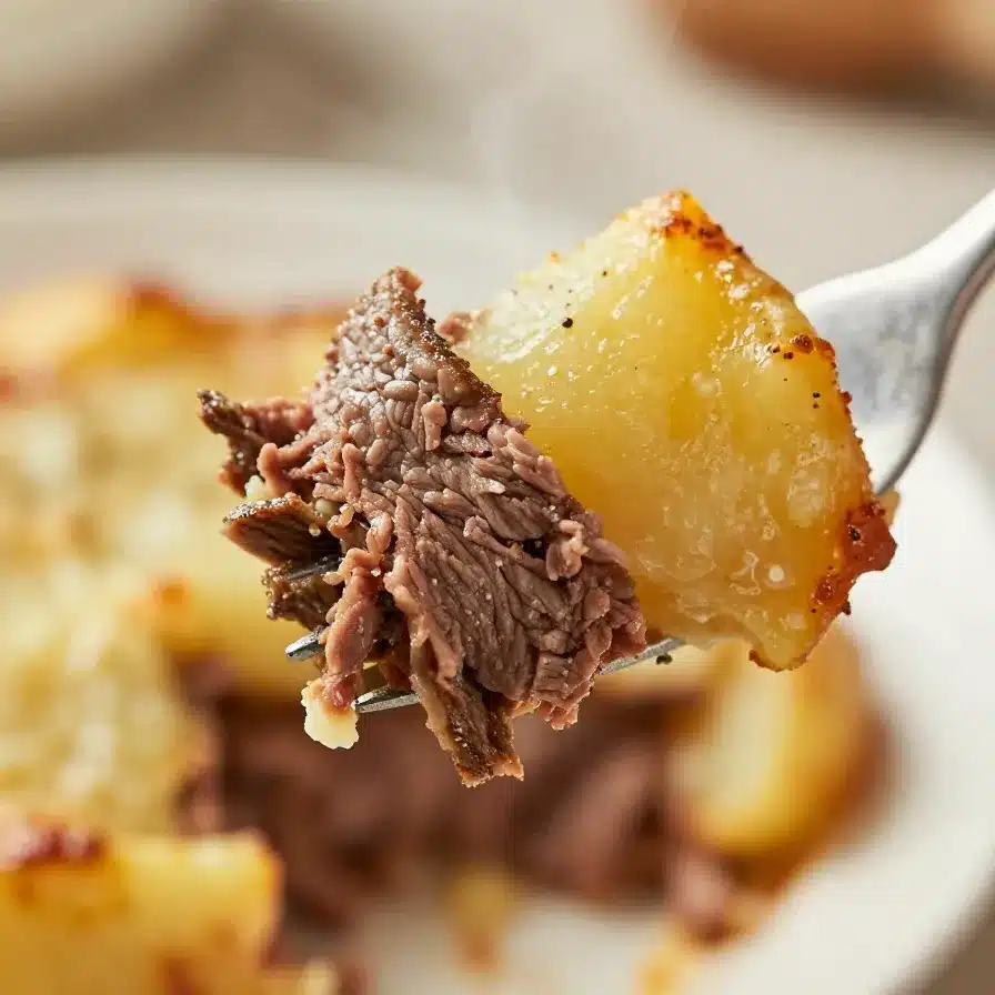 A freshly baked corned beef and potato casserole served in a white dish.