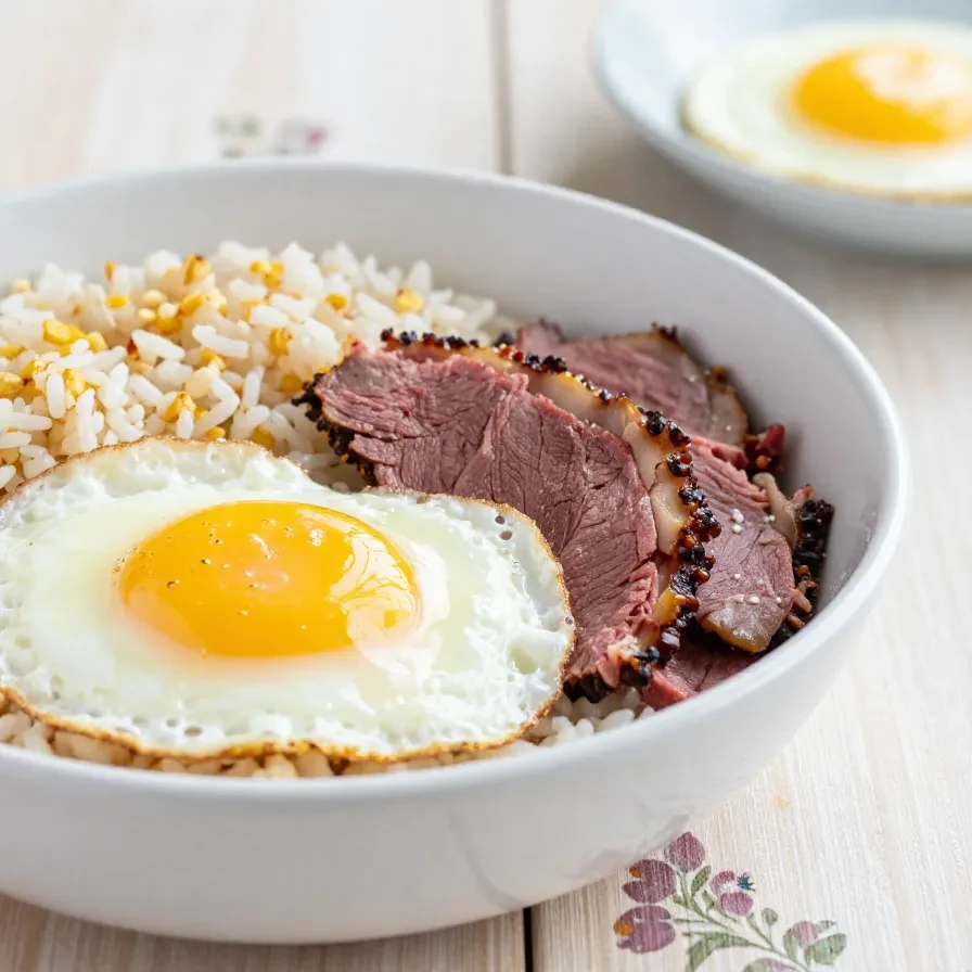 A plate of Corned Beef Silog served with fried rice and a sunny-side-up egg