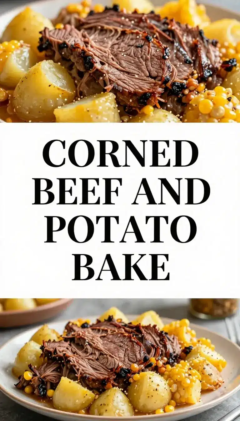 A freshly baked corned beef and potato casserole served in a white dish.