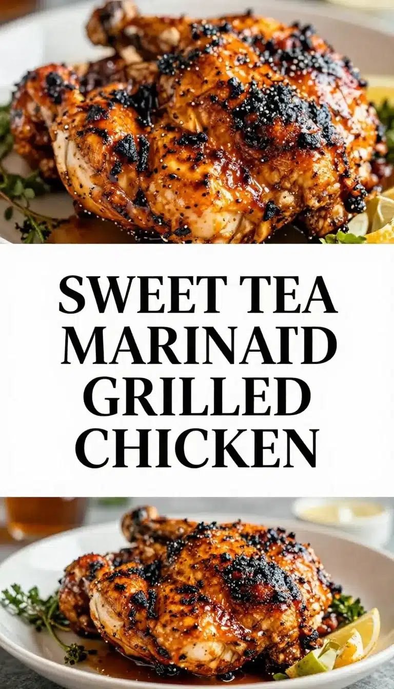 Sweet Tea Grilled Chicken 5 Grilled chicken glazed with sweet tea marinade served on a plate.