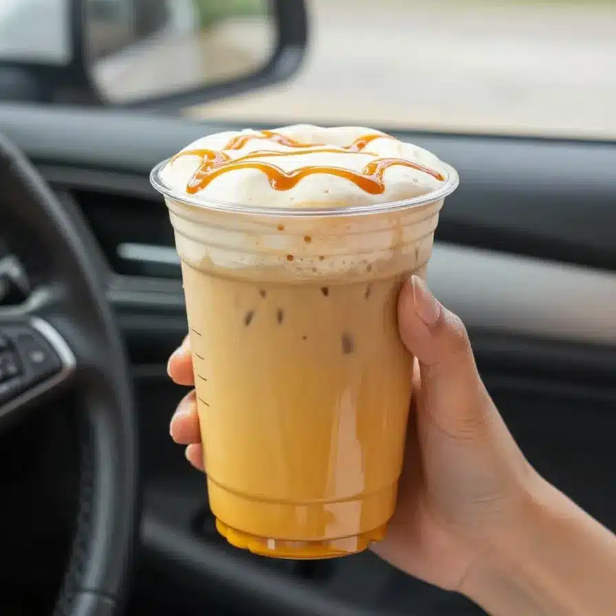 A caramel pumpkin chai latte topped with creamy pumpkin cold foam in a glass mug on a wooden table.
