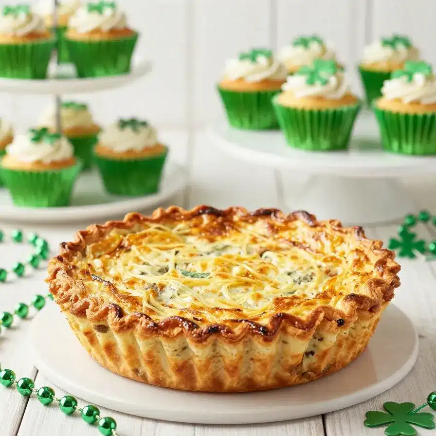 A freshly baked corned beef and spinach quiche on a wooden table.