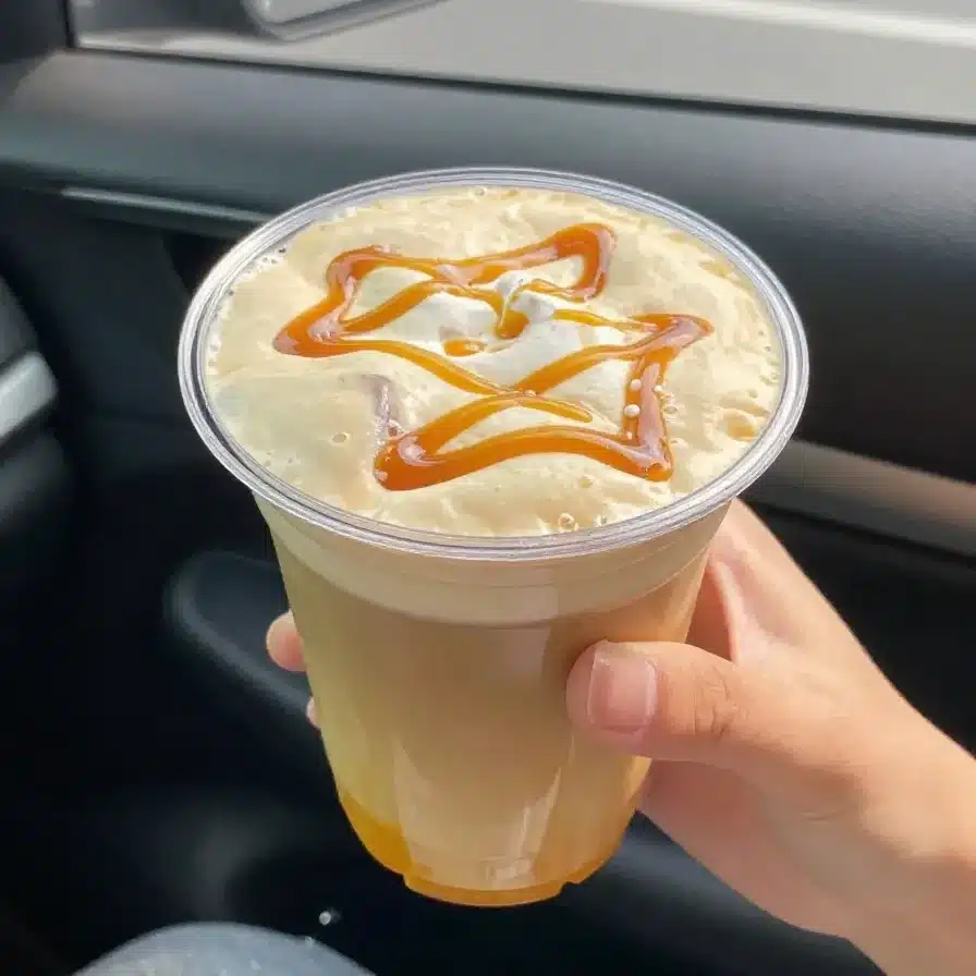 Caramel Pumpkin Chai Latte with Pumpkin Cold Foam 2 A caramel pumpkin chai latte topped with creamy pumpkin cold foam in a glass mug on a wooden table.