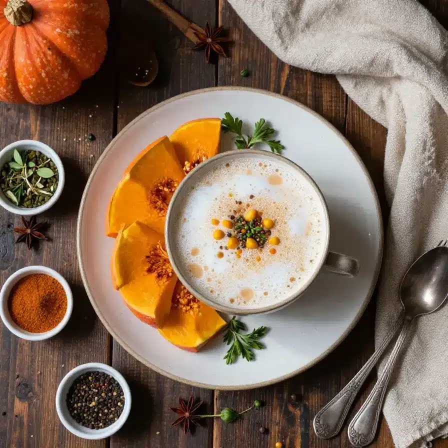 A cozy cup of pumpkin chai tea topped with creamy cold foam on a wooden table.