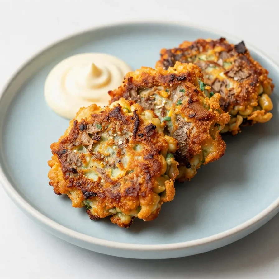 Golden brown corned beef fritters served on a white plate with a side of dipping sauce