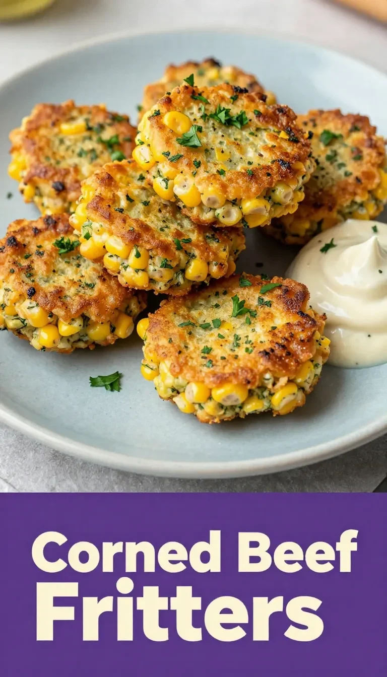Golden brown corned beef fritters served on a white plate with a side of dipping sauce