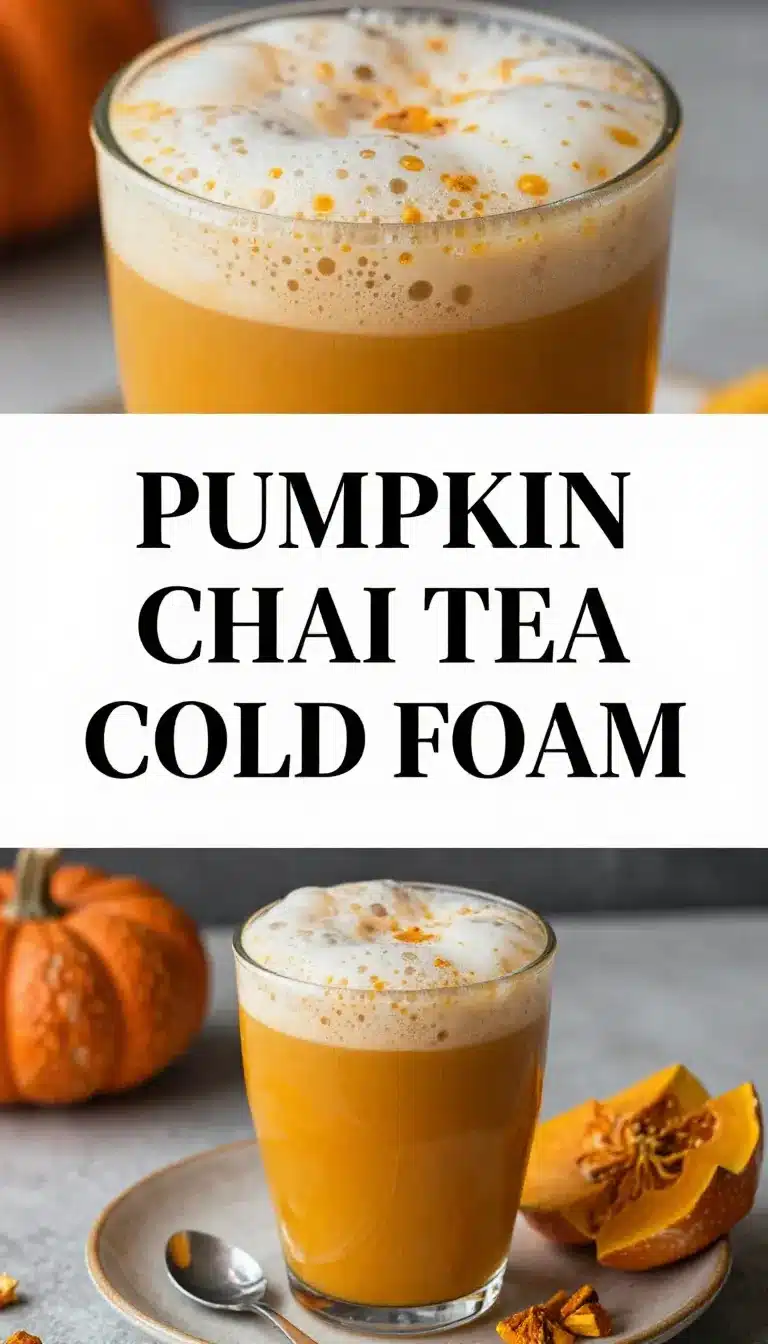 Pumpkin Chai Tea with Cold Foam 5 A cozy cup of pumpkin chai tea topped with creamy cold foam on a wooden table.
