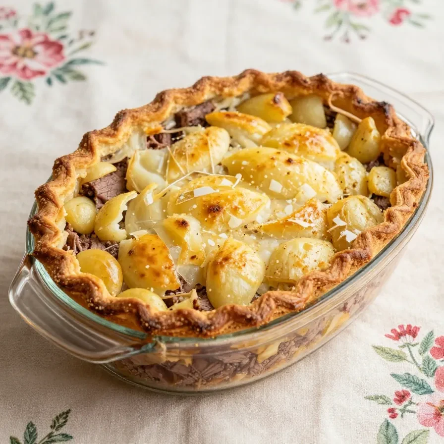 Corned beef pie 2 A freshly baked corned beef pie with golden crust and steam rising from it