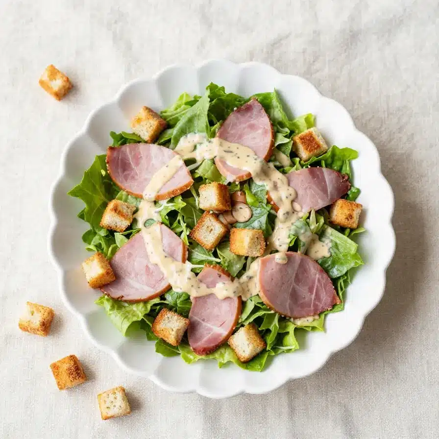 A vibrant corned beef salad topped with Thousand Island dressing and crispy rye croutons.