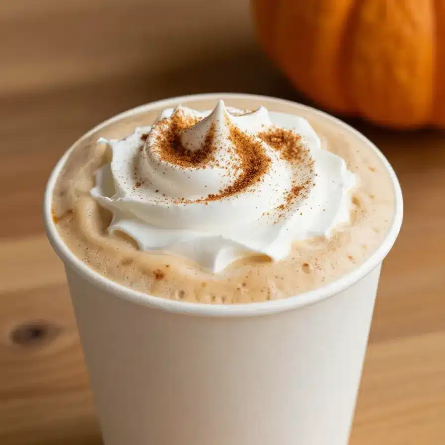 A close-up of a pumpkin spice latte in a white mug topped with whipped cream and cinnamon.