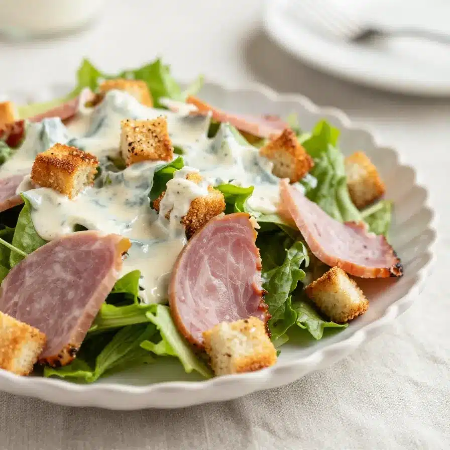 A vibrant corned beef salad topped with Thousand Island dressing and crispy rye croutons.