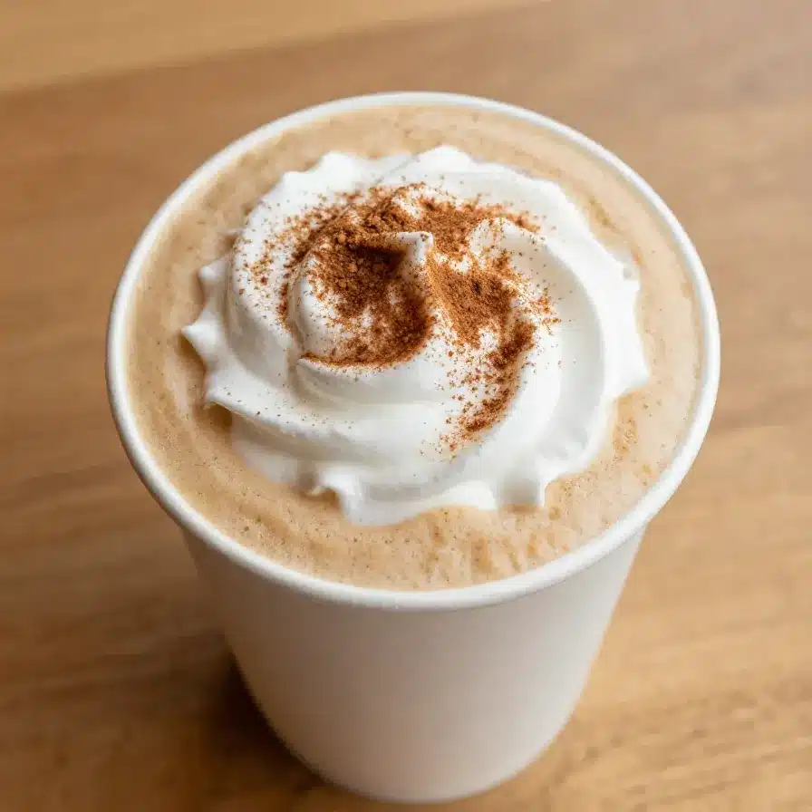 A close-up of a pumpkin spice latte in a white mug topped with whipped cream and cinnamon.