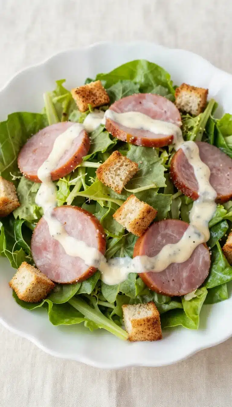A vibrant corned beef salad topped with Thousand Island dressing and crispy rye croutons.