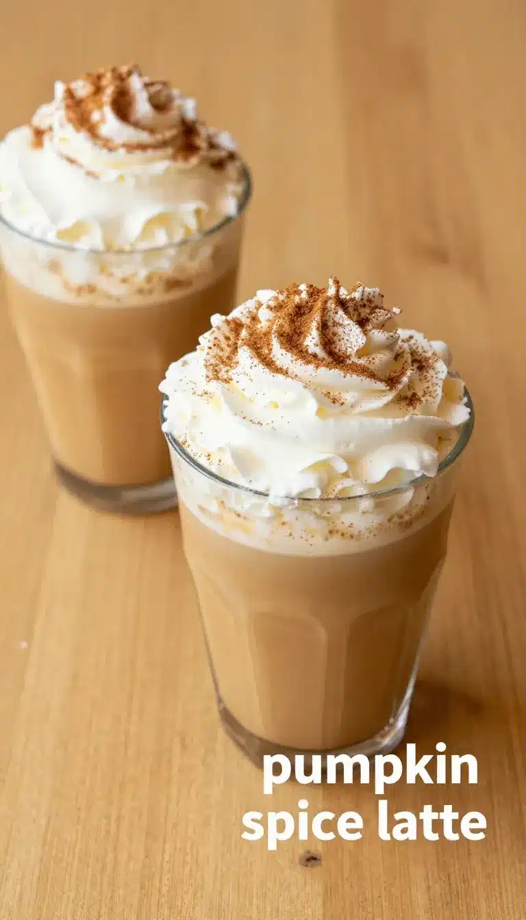 A close-up of a pumpkin spice latte in a white mug topped with whipped cream and cinnamon.