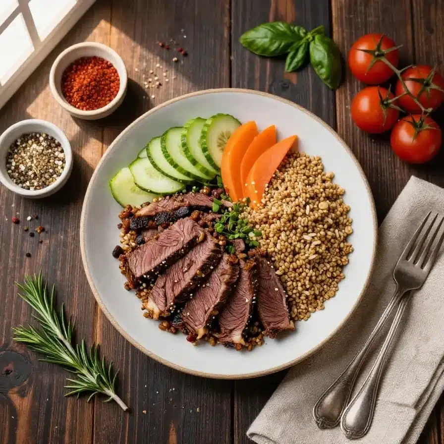 A vibrant bowl of corned beef served with quinoa, fresh vegetables, and garnishes.