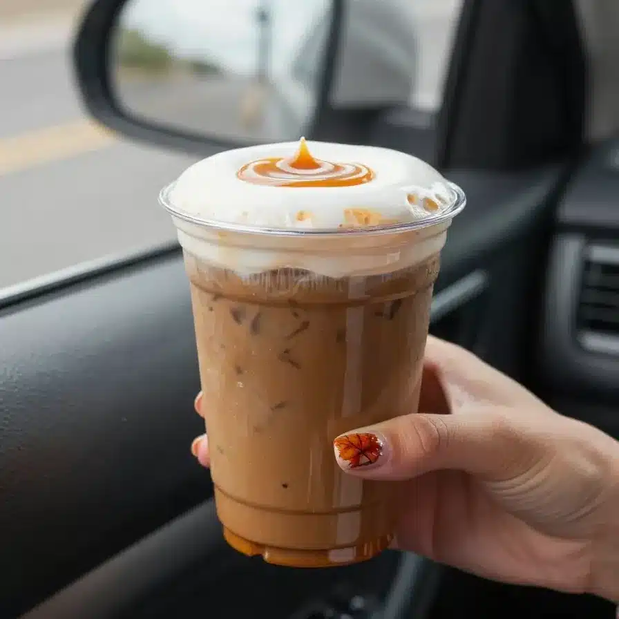 A steaming cup of vegan pumpkin spice coffee topped with dairy-free whipped cream and cinnamon.