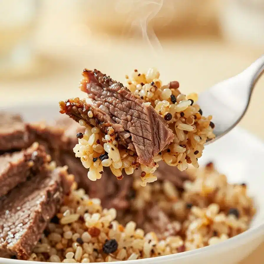 A vibrant bowl of corned beef served with quinoa, fresh vegetables, and garnishes.