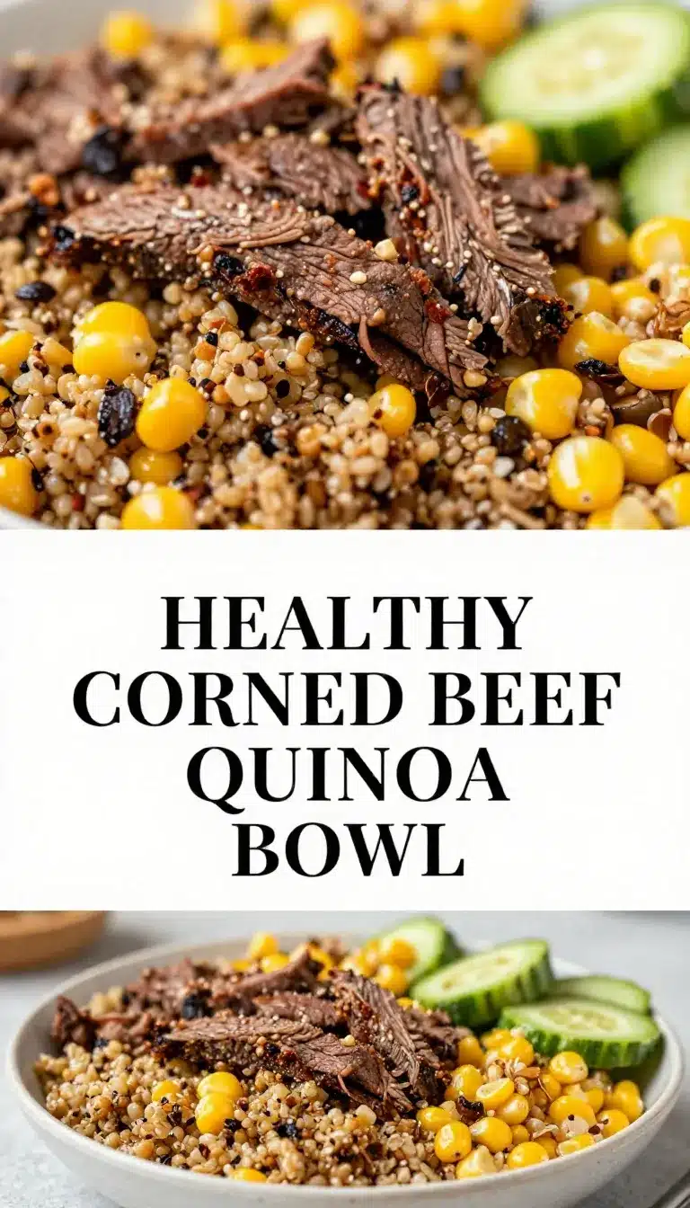 A vibrant bowl of corned beef served with quinoa, fresh vegetables, and garnishes.
