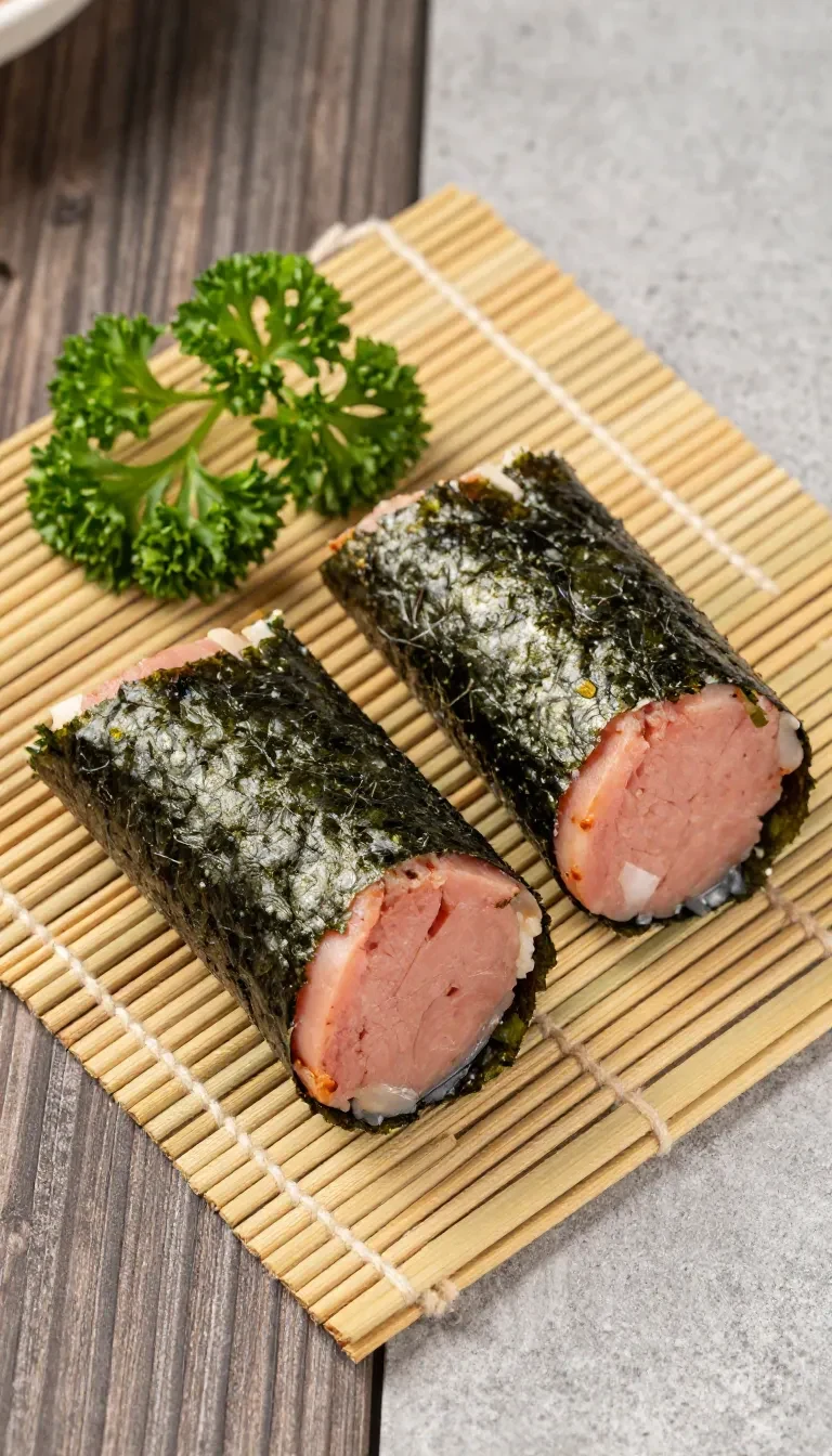 Corned beef musubi 4 A delicious corned beef musubi wrapped in seaweed with a side of pickled vegetables