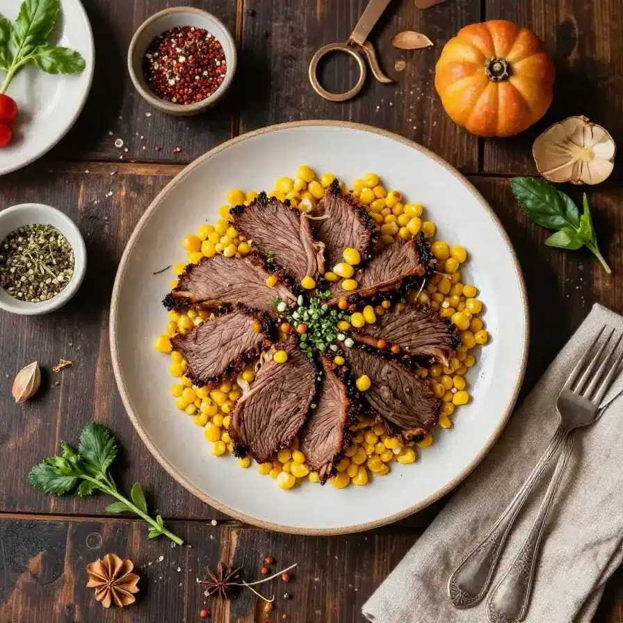 A delicious corned beef meal served with vegetables, slow-cooked to perfection.