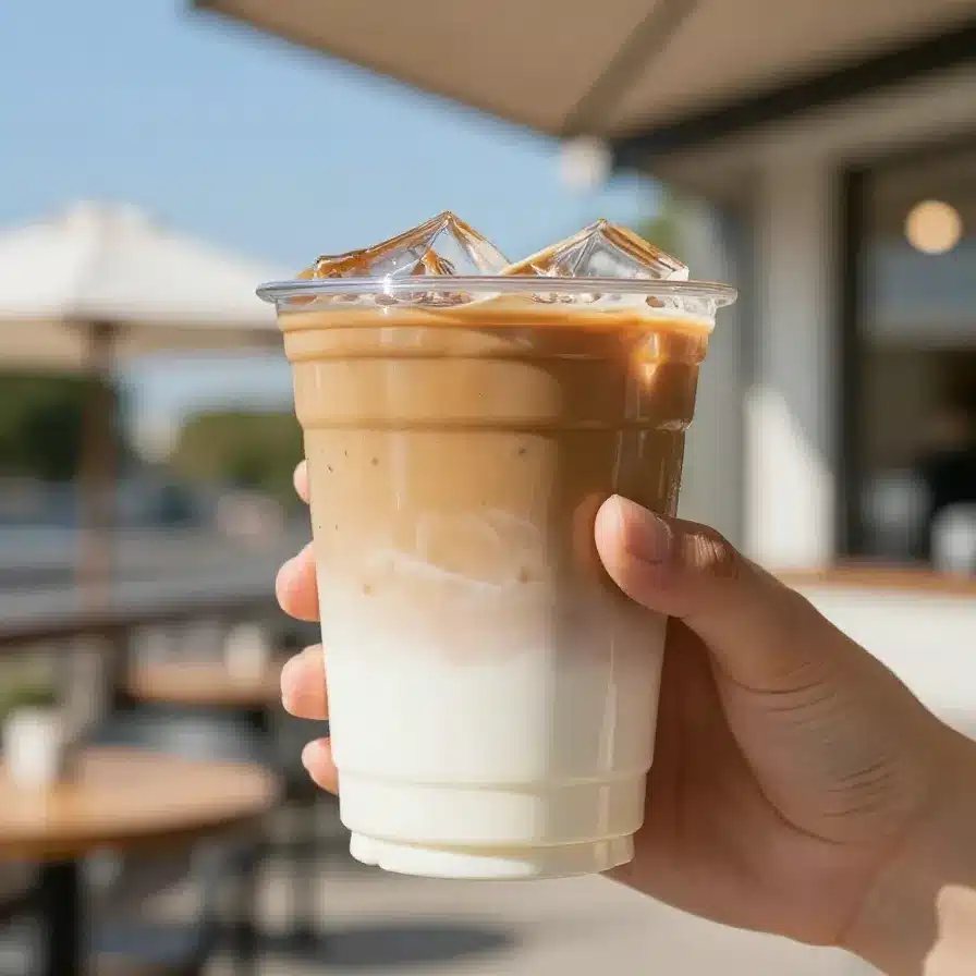 A glass of iced coffee with chai syrup, garnished with cinnamon sticks and star anise.