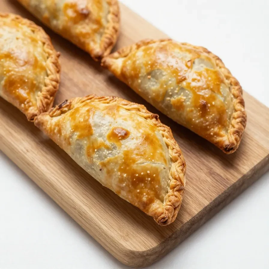 A freshly baked Cornish pasty on a wooden table