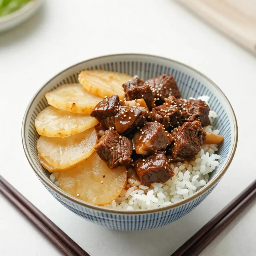 A bowl of Taiwanese braised corned beef served with steamed rice and pickled vegetables