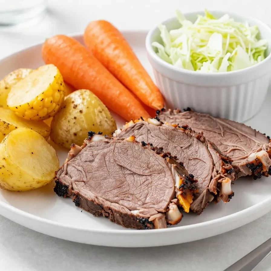Slow Cooker Corned Beef with Guinness 2 A slow cooker filled with tender corned beef and vegetables, garnished with fresh herbs