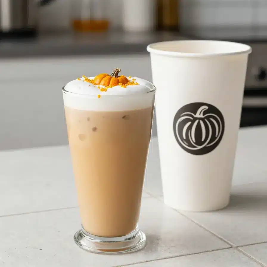 A homemade pumpkin spice latte in a glass mug on a wooden table, garnished with whipped cream and cinnamon.