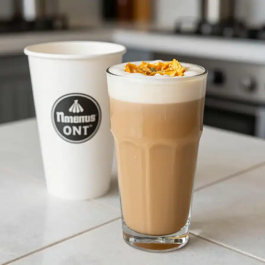 Healthy Starbucks Dupe: Pumpkin Spice Latte 2 A homemade pumpkin spice latte in a glass mug on a wooden table, garnished with whipped cream and cinnamon.