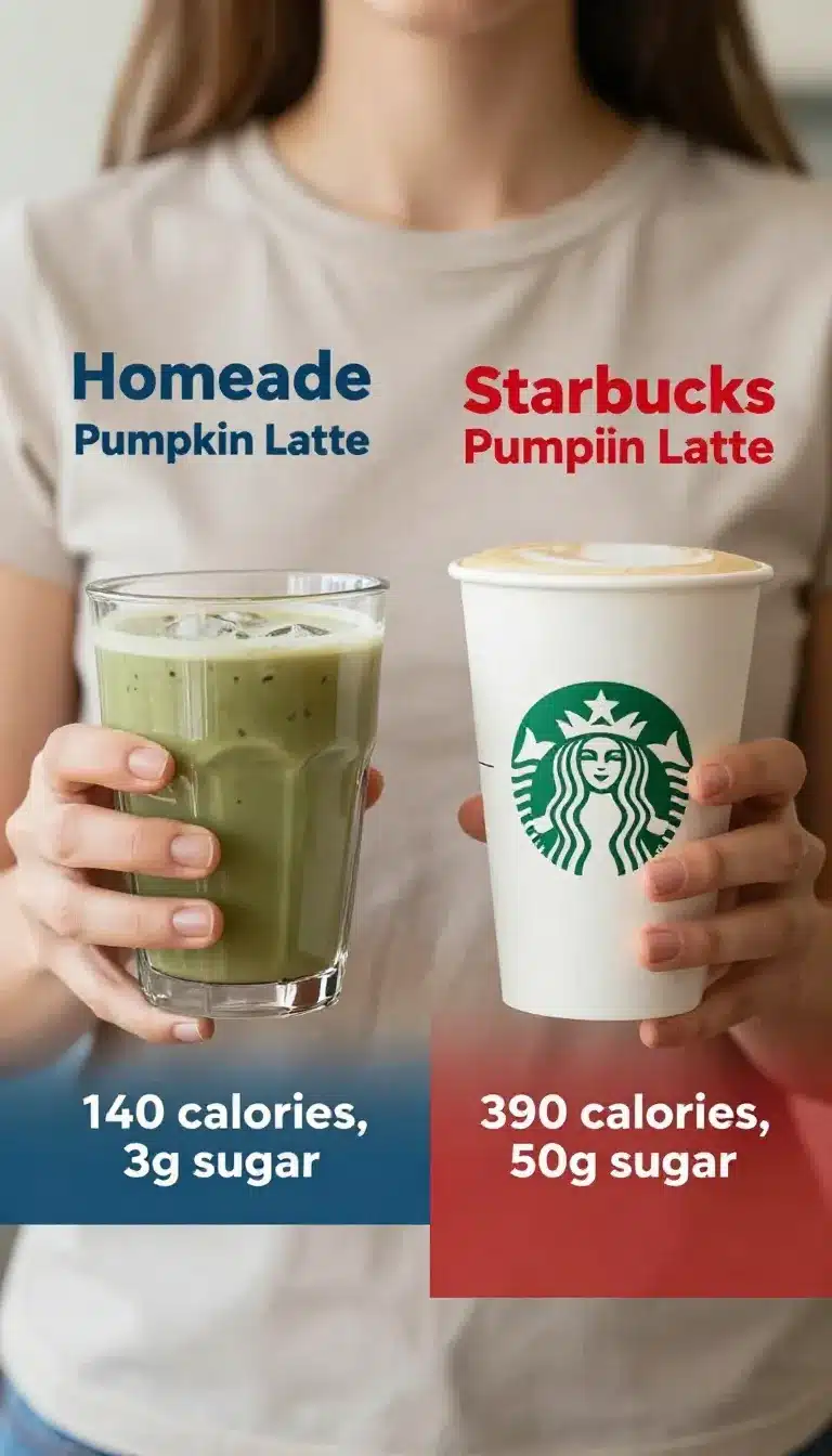 Healthy Starbucks Dupe: Pumpkin Spice Latte 5 A homemade pumpkin spice latte in a glass mug on a wooden table, garnished with whipped cream and cinnamon.