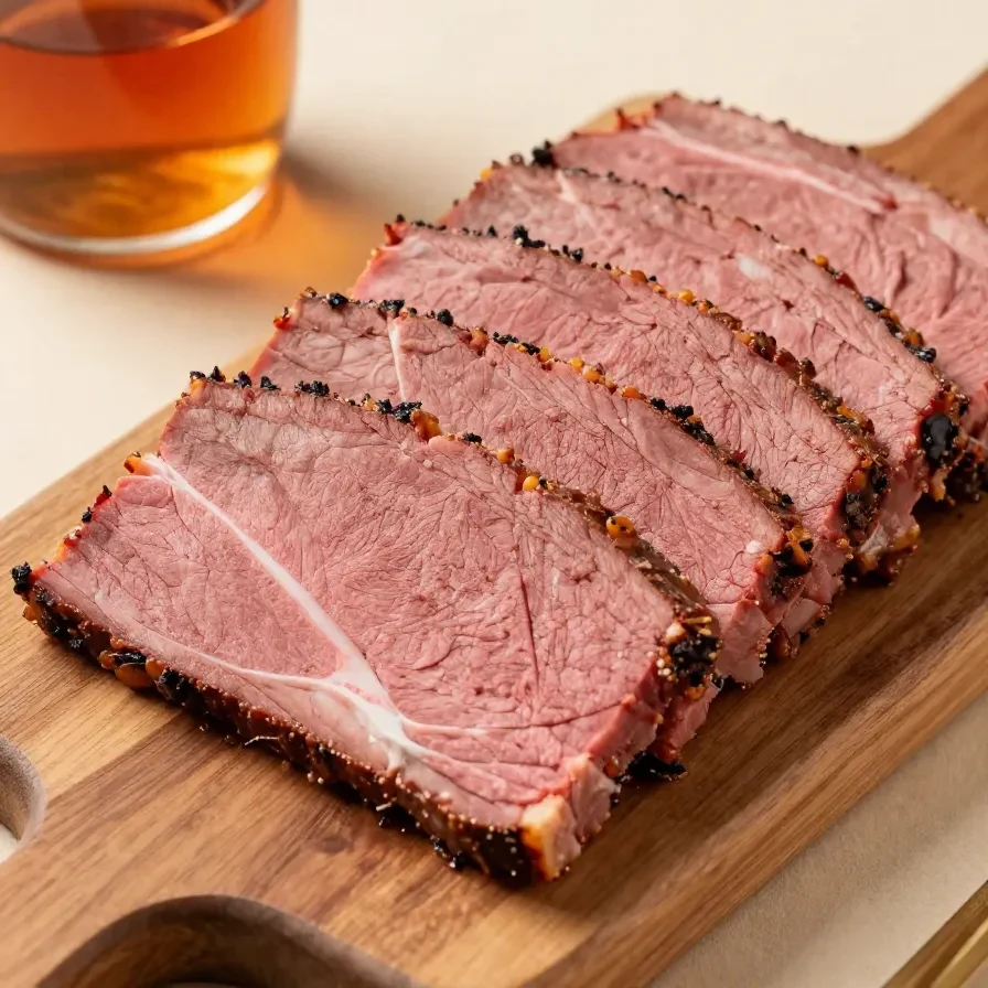 A delicious plate of corned beef served with vegetables and mustard