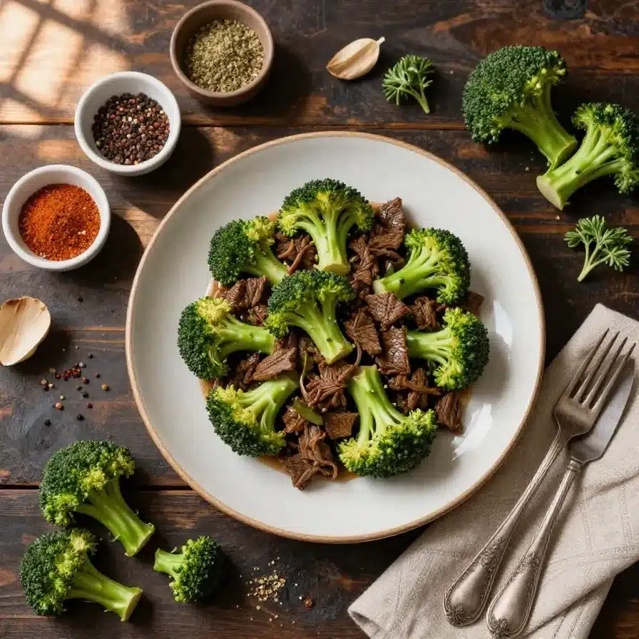 A plate of slow-cooked broccoli beef served with steamed white rice on a wooden table.