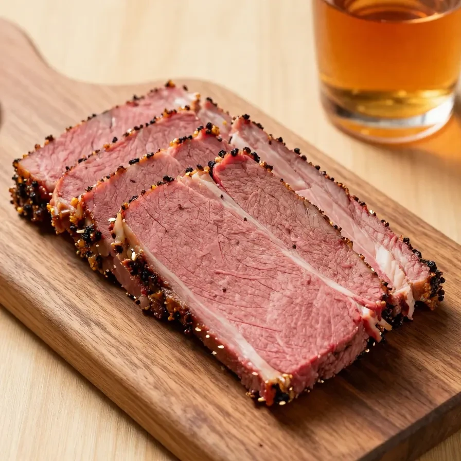 A delicious plate of corned beef served with vegetables and mustard