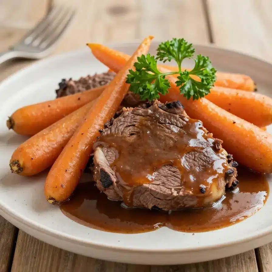 A tender beef roast cooked in a slow cooker surrounded by vegetables.