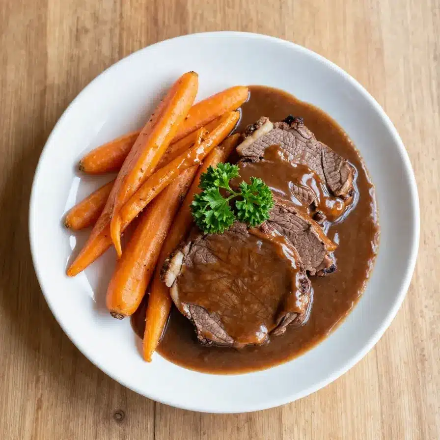 A tender beef roast cooked in a slow cooker surrounded by vegetables.
