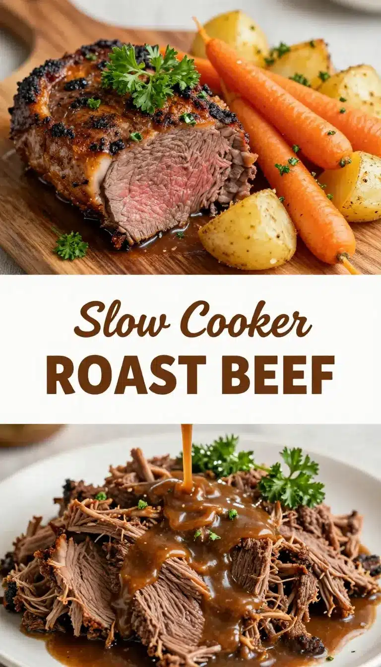 A tender beef roast cooked in a slow cooker surrounded by vegetables.