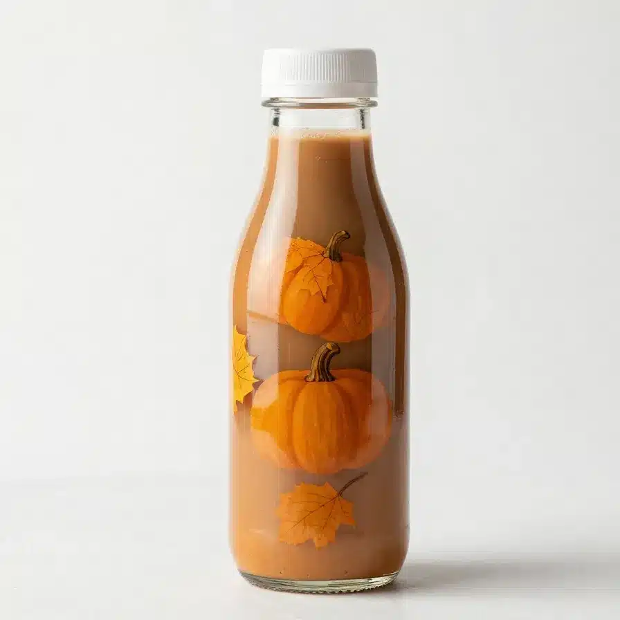 A bottle of Starbucks Iced Espresso Classics Pumpkin Spice Latte on a wooden table surrounded by autumn leaves.