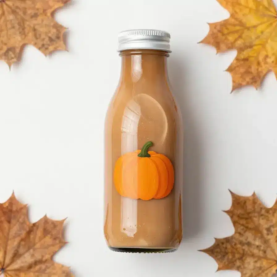 A bottle of Starbucks Iced Espresso Classics Pumpkin Spice Latte on a wooden table surrounded by autumn leaves.