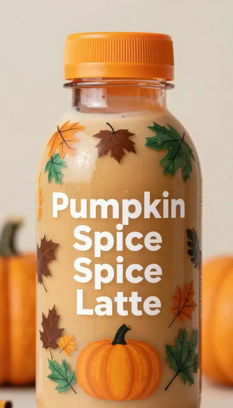 A bottle of Starbucks Iced Espresso Classics Pumpkin Spice Latte on a wooden table surrounded by autumn leaves.
