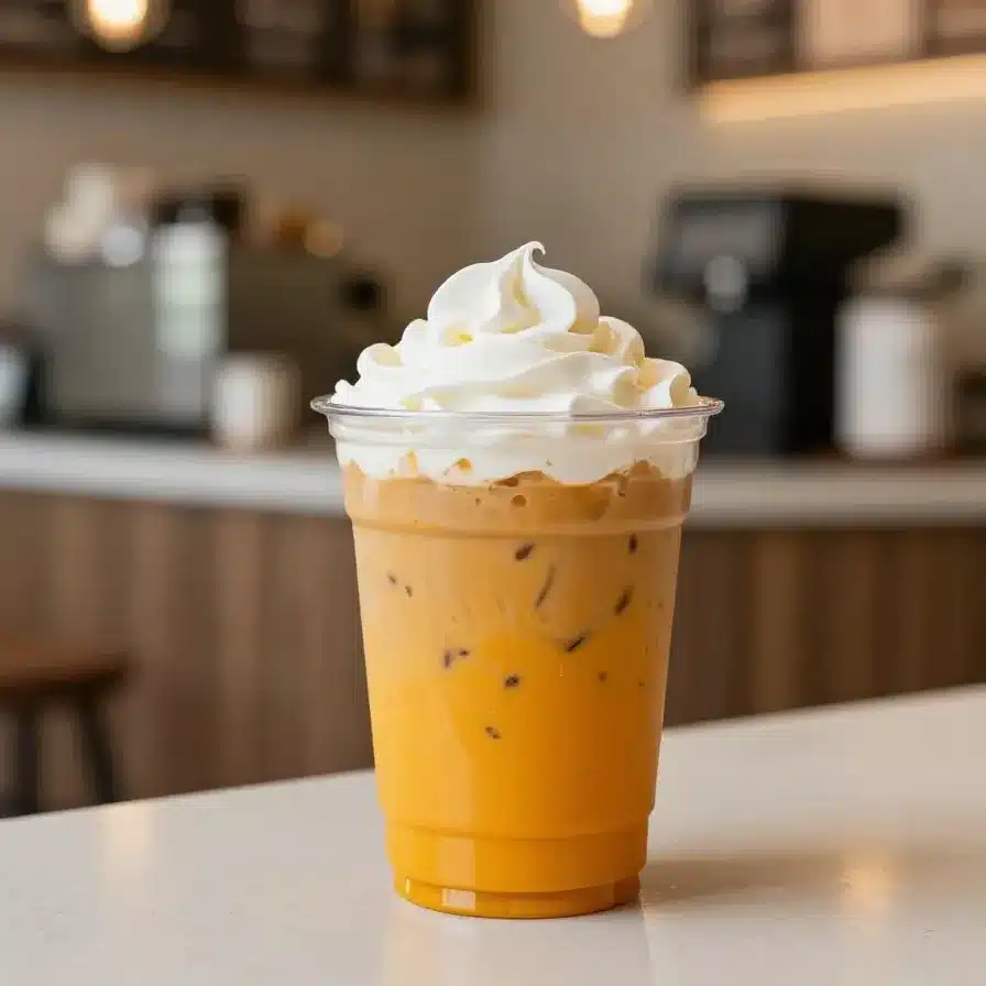 A homemade pumpkin spice Starbucks drink in a glass mug topped with whipped cream and cinnamon.