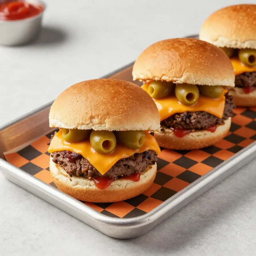 Make-Ahead Halloween Sliders 2 A platter of Halloween-themed sliders featuring spooky decorations